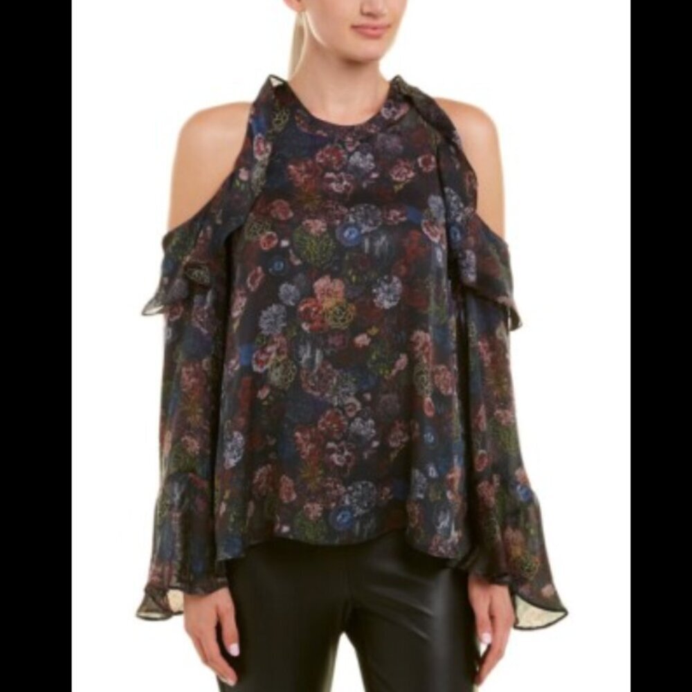 IRO Ciclan Cold Shoulder Ruffled Silk Blouse Dark Academia Size 34 (XS)